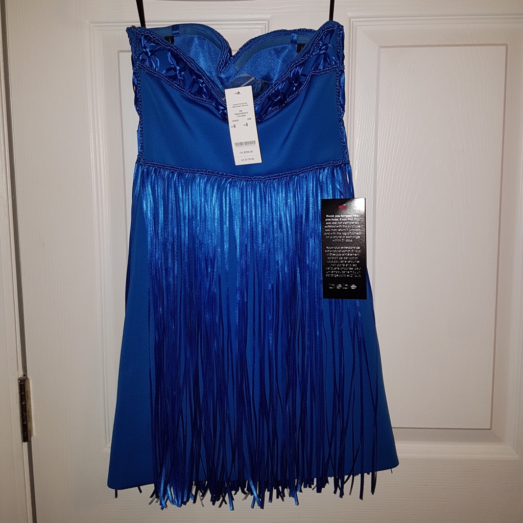 Bebe Fringe Blue Strapless Mini Dress